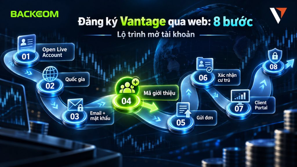Cách đăng ký tài khoản Vantage trên web 8 bước: Open Live Account, chọn quốc gia, email và mật khẩu, mã giới thiệu, gửi đơn, xác nhận cư trú, Client Portal, OTP