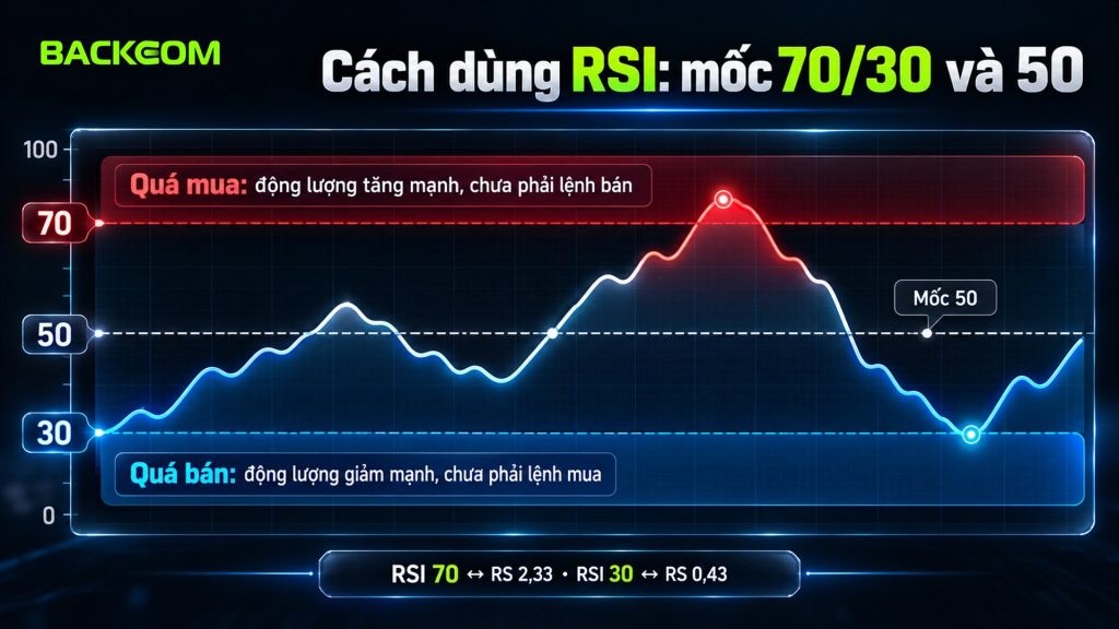 Cách dùng RSI: vùng RSI quá mua quá bán 70/30 và mốc 50, RSI 70 tương ứng RS 2,33 và RSI 30 tương ứng RS 0,43