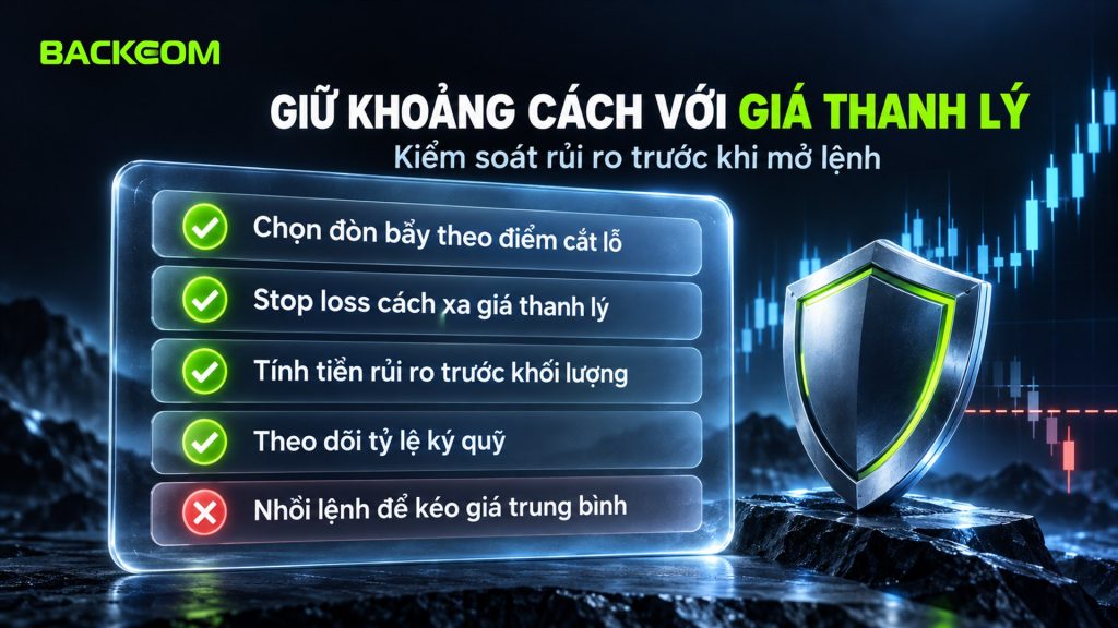 Giữ khoảng cách với giá thanh lý: chọn đòn bẩy theo điểm cắt lỗ, đặt stop loss cách xa, tính tiền rủi ro trước, theo dõi tỷ lệ ký quỹ duy trì