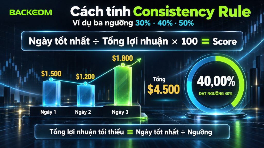 Cách tính consistency rule: best day chia tổng lợi nhuận nhân 100, ví dụ ba ngày 1.500, 1.200 và 1.800 USD cho tổng 4.500 USD vừa đạt ngưỡng 40%