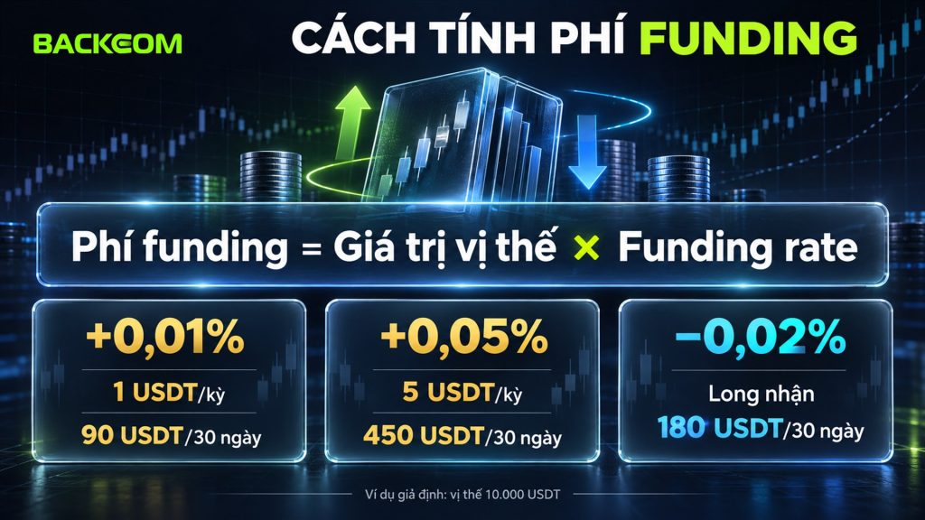 Cách tính phí funding bằng giá trị vị thế nhân funding rate: vị thế 10.000 USDT trả 1 USDT mỗi kỳ ở mức 0,01%, 450 USDT sau 30 ngày ở mức 0,05%