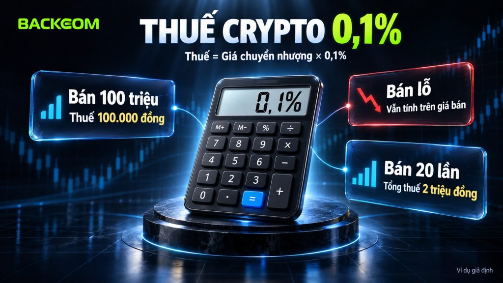 Cách tính thuế crypto bằng giá chuyển nhượng nhân 0,1%: bán 100 triệu đồng nộp 100.000 đồng, bán lỗ vẫn tính trên giá bán, bán 20 lần tổng 2 triệu đồng