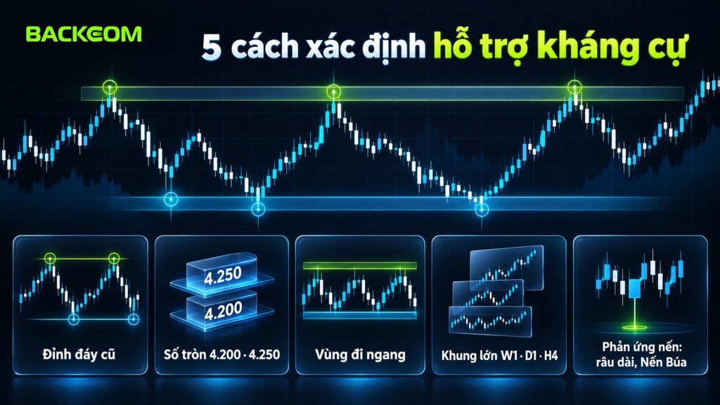 Cách xác định hỗ trợ kháng cự qua 5 dấu hiệu: đỉnh đáy cũ, số tròn, vùng đi ngang, khung thời gian lớn và phản ứng nến