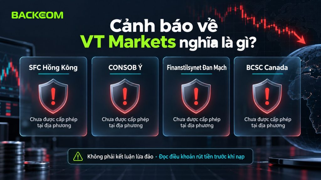 VT Markets có uy tín không khi bị cảnh báo: SFC Hồng Kông, CONSOB Ý, cơ quan Đan Mạch và BCSC Canada nêu chưa được cấp phép tại nước đó, không phải kết luận lừa đảo
