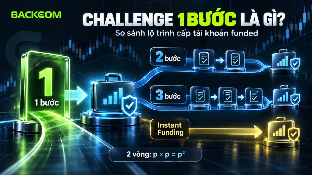 Challenge 1 bước là gì: lộ trình 1 bước, 2 bước, 3 bước và instant funding tới tài khoản funded, thi 2 vòng xác suất p nhân p