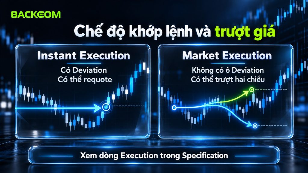 Trượt giá là gì theo chế độ khớp lệnh: Instant Execution có Deviation và requote, Market Execution không có ô Deviation và có thể trượt hai chiều