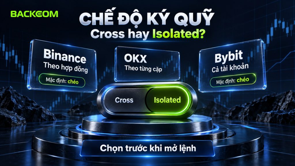 Chế độ ký quỹ: Binance chọn theo từng hợp đồng, OKX theo từng cặp, Bybit áp cho cả tài khoản; Binance và Bybit mặc định chéo