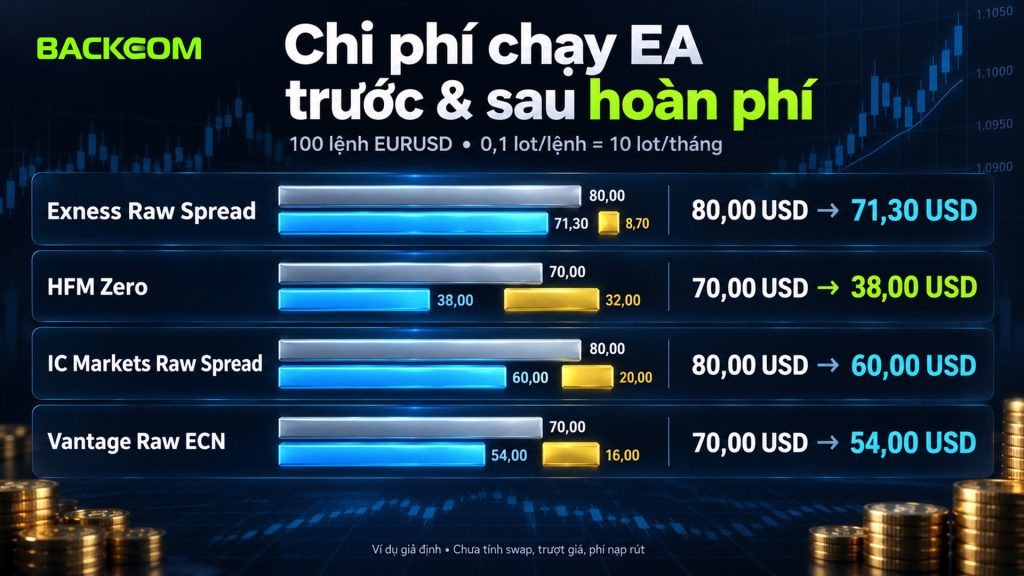 Chi phí chạy EA trước và sau hoàn phí với 100 lệnh EURUSD 0,1 lot mỗi tháng: Exness Raw Spread 80 còn 71,30 USD, HFM Zero 70 còn 38, IC Markets Raw 80 còn 60, Vantage Raw ECN 70 còn 54