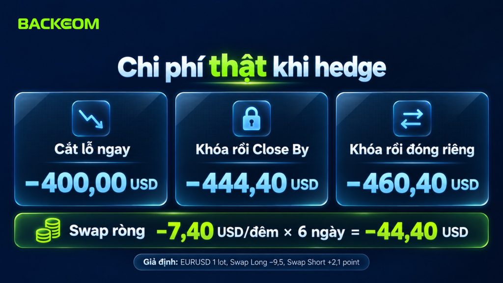 Chi phí khóa lệnh 6 ngày swap: cắt lỗ ngay −400,00 USD, khóa rồi Close By −444,40 USD, khóa rồi đóng riêng −460,40 USD