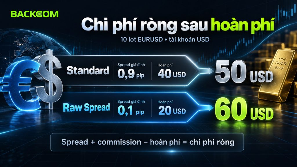 Chi phí ròng 10 lot EURUSD sau hoàn phí IC Markets với spread giả định: Standard 0,9 pip còn 50 USD, Raw Spread 0,1 pip còn 60 USD