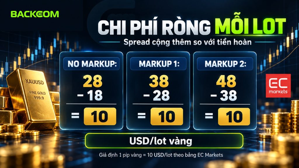 Hoàn phí vàng EC Markets và chi phí ròng mỗi lot: No Markup 28 trừ 18, Markup 1 38 trừ 28, Markup 2 48 trừ 38, cùng còn 10 USD theo giả định 1 pip bằng 10 USD