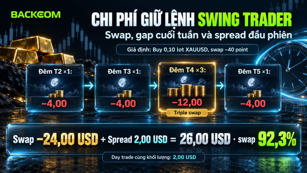 Chi phí của swing trader khi giữ Buy 0,10 lot vàng 5 ngày: swap −24,00 USD với đêm thứ Tư gấp ba, spread 2,00 USD, swap chiếm 92,3%