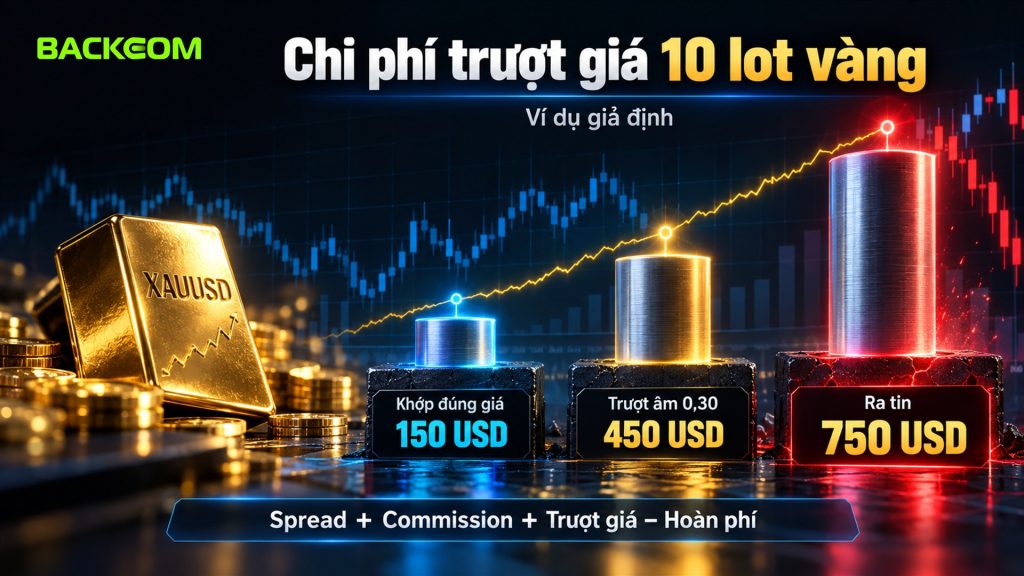 Trượt giá là gì trong chi phí thật: 10 lot vàng giả định tốn 150 USD khi khớp đúng giá, 450 USD khi trượt âm 0,30 và 750 USD khi ra tin