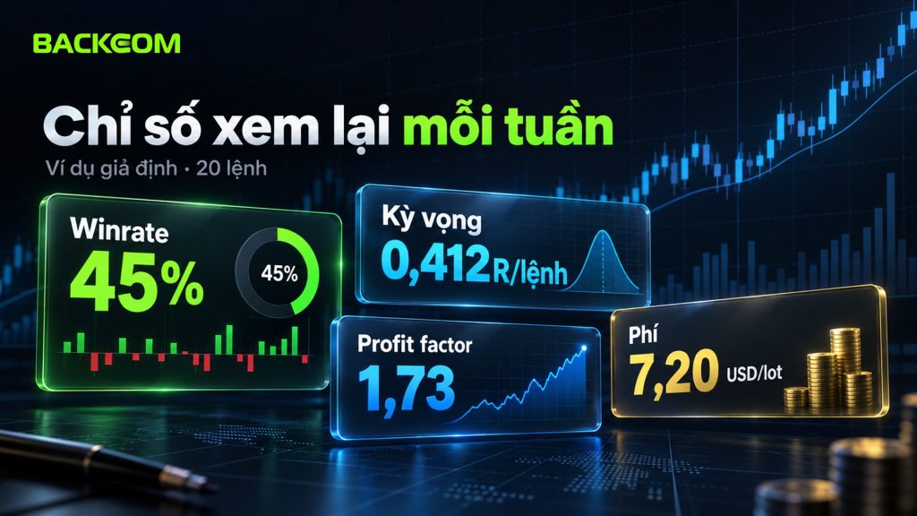 Chỉ số nhật ký giao dịch mỗi tuần với ví dụ giả định 20 lệnh: winrate 45%, kỳ vọng 0,412R mỗi lệnh, profit factor 1,73, phí 7,20 USD mỗi lot