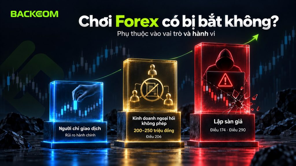 Chơi forex có bị bắt không phụ thuộc vai trò: người chỉ giao dịch chịu rủi ro hành chính, kinh doanh ngoại hối không phép bị phạt 200–250 triệu đồng, lập sàn giả bị xử theo Điều 174 hoặc 290
