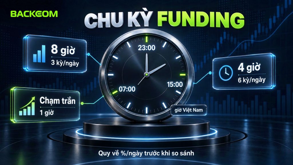Chu kỳ funding 8 giờ thanh toán lúc 07:00, 15:00 và 23:00 giờ Việt Nam, chu kỳ 4 giờ có 6 kỳ mỗi ngày, chạm trần chuyển sang 1 giờ
