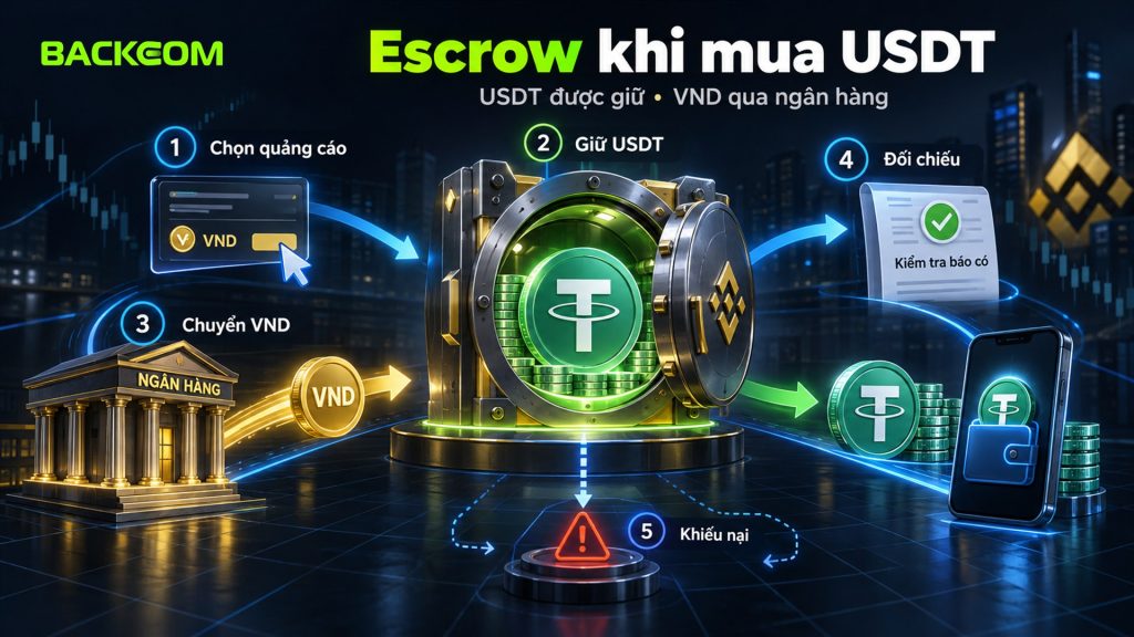 Cơ chế escrow khi mua USDT trên Binance P2P: chọn quảng cáo, sàn giữ USDT, chuyển VND, đối chiếu báo có và khiếu nại khi tranh chấp