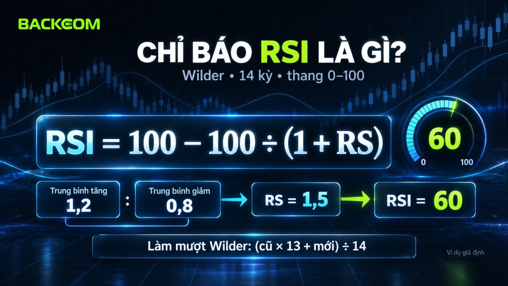 Chỉ báo RSI là gì: công thức RSI = 100 − 100 ÷ (1 + RS) với ví dụ giả định trung bình tăng 1,2, trung bình giảm 0,8 cho RSI 60