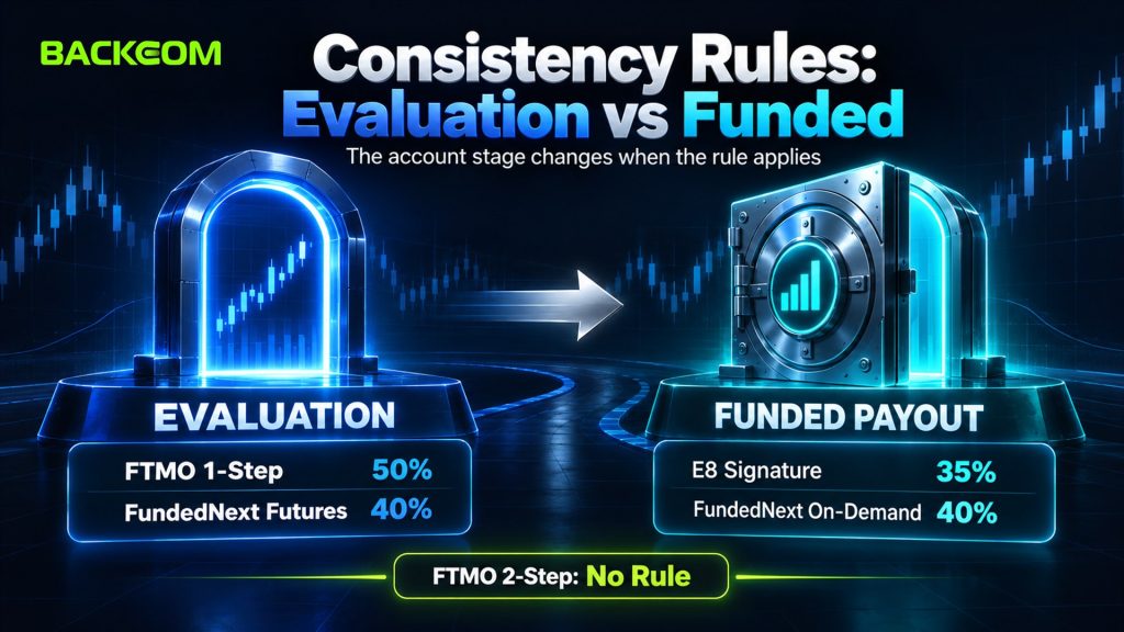 Consistency rule during evaluation and funded trading: FTMO 1-Step 50% and FundedNext Futures 40% in evaluation; E8 Signature 35% and FundedNext On-Demand 40% at payout; FTMO 2-Step has no rule