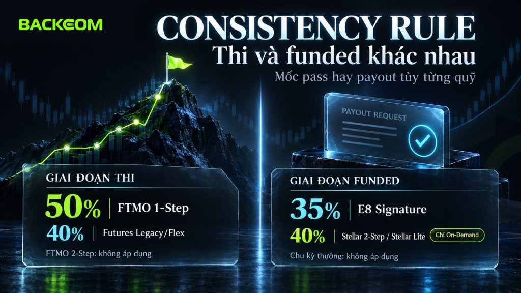 Consistency rule ở giai đoạn thi và funded: FTMO 1-Step 50%, FundedNext Futures Legacy và Flex 40% khi thi; E8 Signature 35%, Stellar 40% chỉ với payout On-Demand