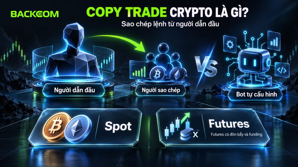 Copy trade crypto là gì: hệ thống sao chép lệnh từ người dẫn đầu sang người copy, khác bot tự cấu hình, chia hai nhánh spot và futures