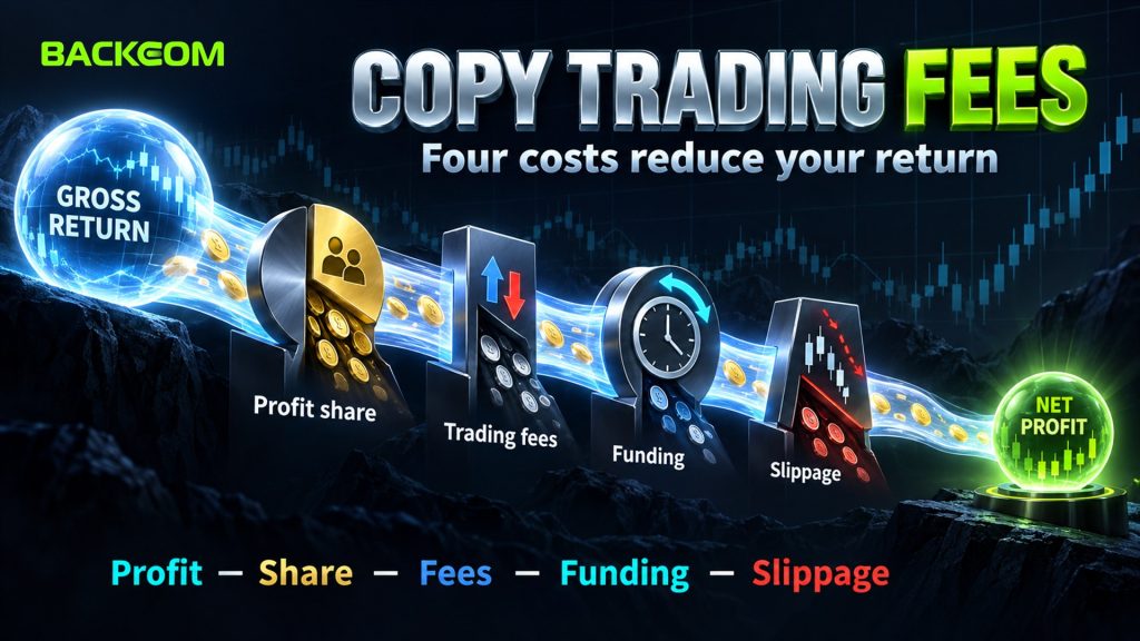 Copy trading fees: gross return is reduced by profit share, trading fees, funding and slippage before net profit
