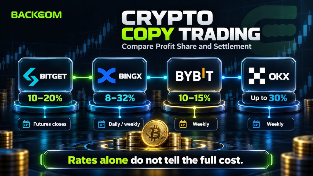 Crypto copy trading platforms compared: Bitget 10-20%, BingX 8-32%, Bybit 10-15% and OKX up to 30% profit share with different settlement cycles