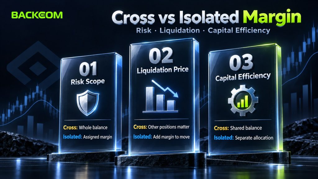 Cross margin vs isolated margin compared by risk scope, liquidation price and capital efficiency: cross uses the whole balance, isolated uses assigned margin only