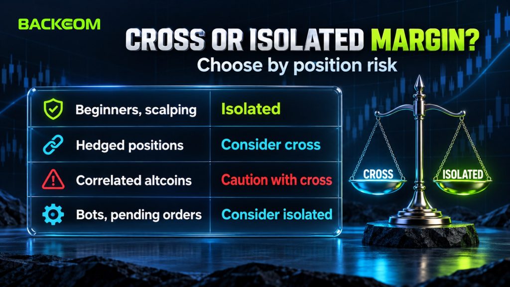 Cross or isolated margin by strategy: isolated for beginners and scalpers, cross for hedged positions, caution with cross for correlated altcoins, isolated for bots