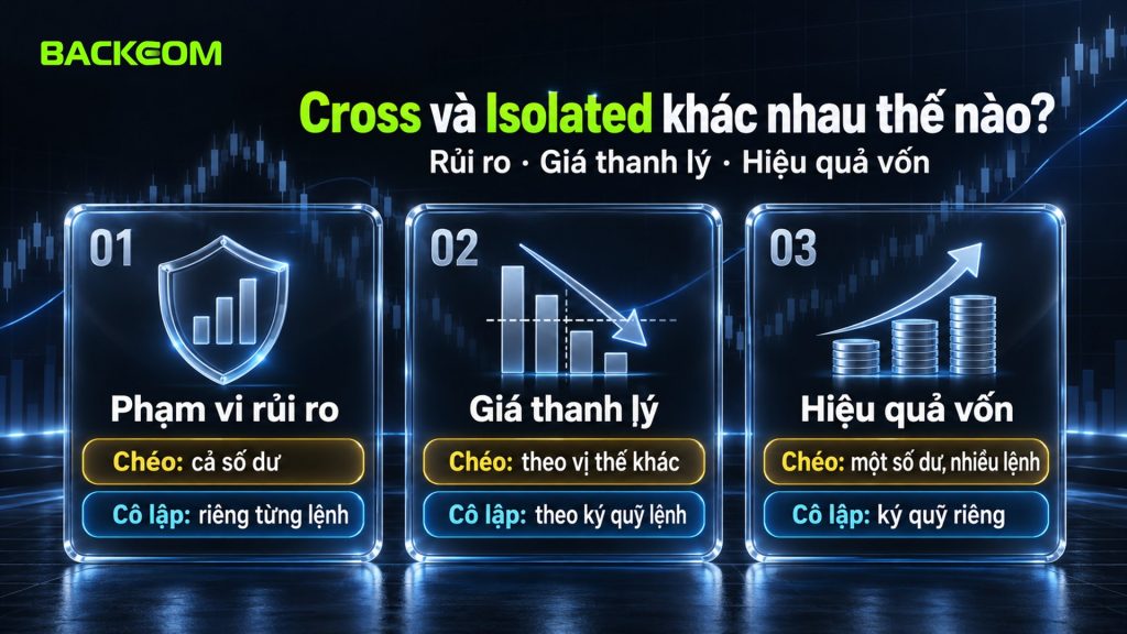 Cross và isolated khác nhau ở phạm vi rủi ro, giá thanh lý và hiệu quả vốn: ký quỹ chéo dùng cả số dư, ký quỹ cô lập riêng từng lệnh