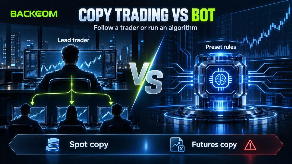 Crypto copy trading vs a trading bot: follow a lead trader's live orders or run preset rules, with spot copy and futures copy modes
