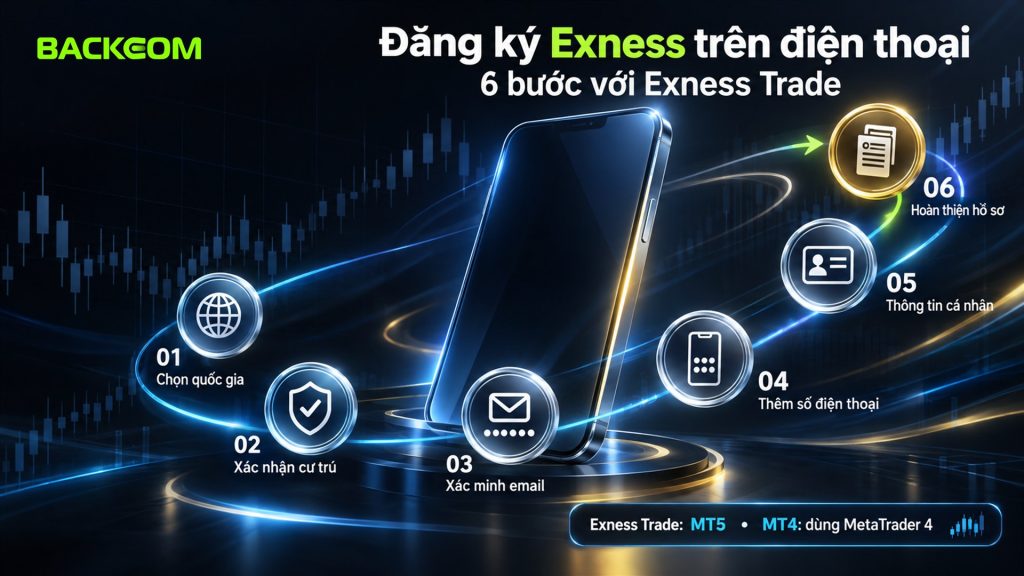 Đăng ký tài khoản Exness trên điện thoại bằng app Exness Trade: chọn quốc gia, xác nhận cư trú, xác minh email, thêm số điện thoại, điền thông tin cá nhân, hoàn thiện hồ sơ