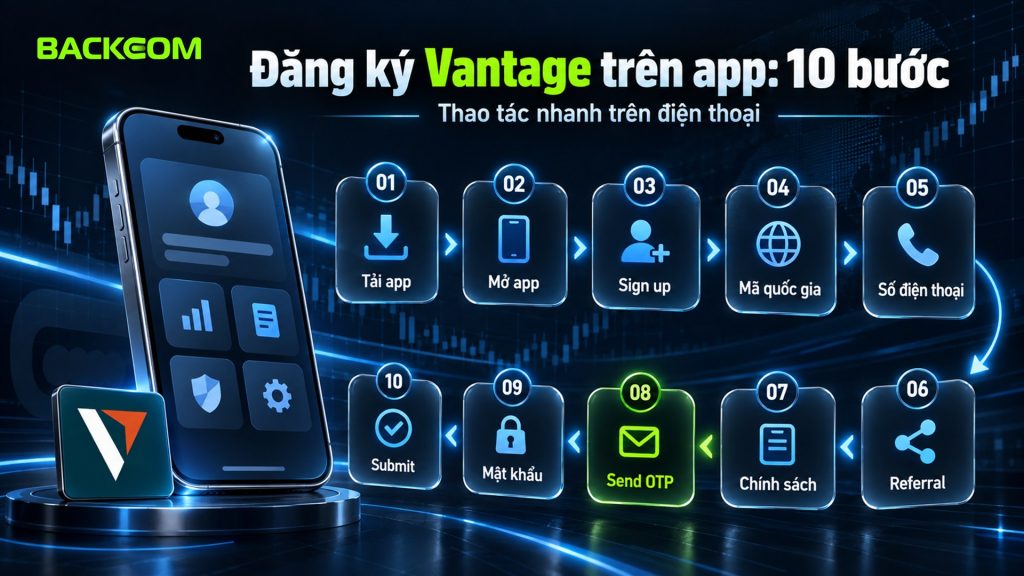 Cách đăng ký tài khoản Vantage trên app điện thoại 10 bước: tải app, Sign up, mã quốc gia, số điện thoại, Referral, Send OTP, đặt mật khẩu và Submit