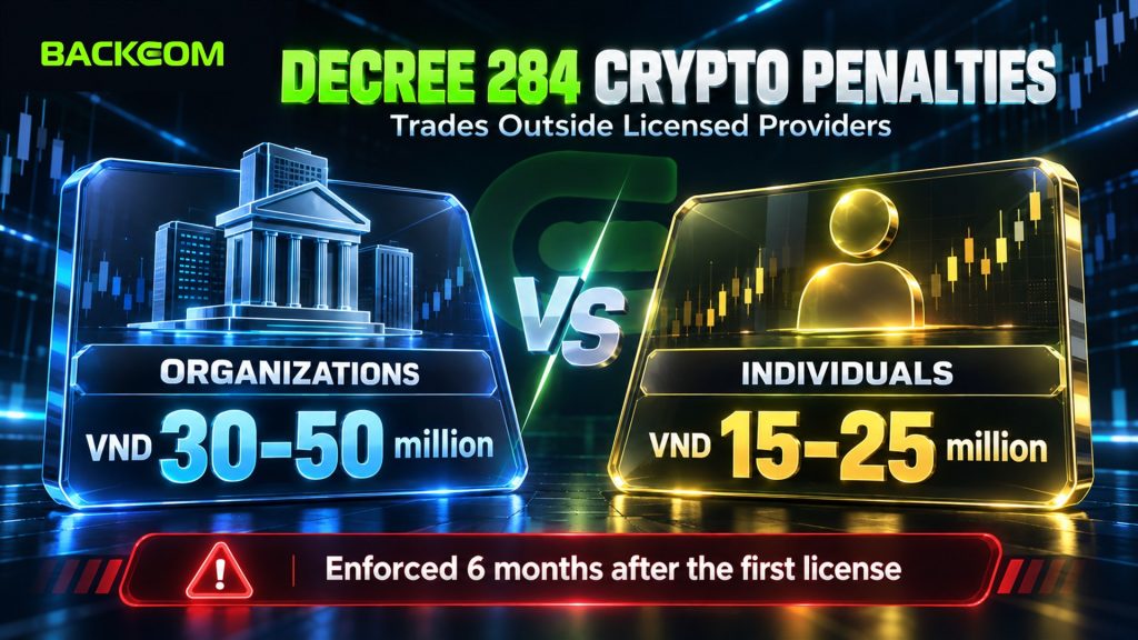 Decree 284 crypto penalties under Article 9(1): organizations VND 30–50 million, individuals VND 15–25 million, enforced six months after the first license
