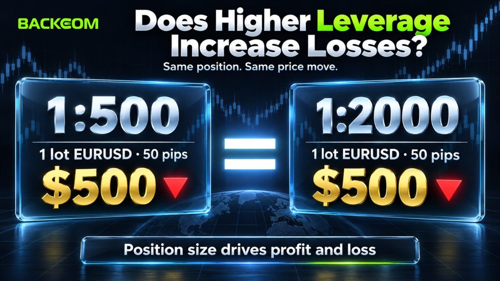 One lot of EURUSD moving 50 pips gains or loses $500 at both 1:500 and 1:2000 leverage: position size drives profit and loss