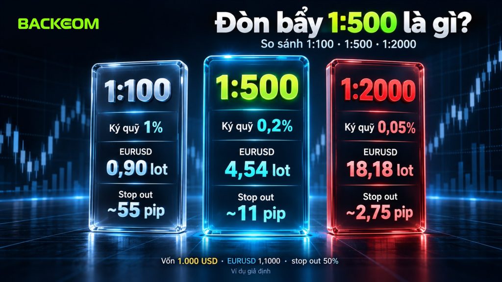 Đòn bẩy 1:500 cần ký quỹ 0,2%, vốn 1.000 USD mở tối đa 4,54 lot EURUSD và chạm stop out sau khoảng 11 pip; so với 1:100 và 1:2000