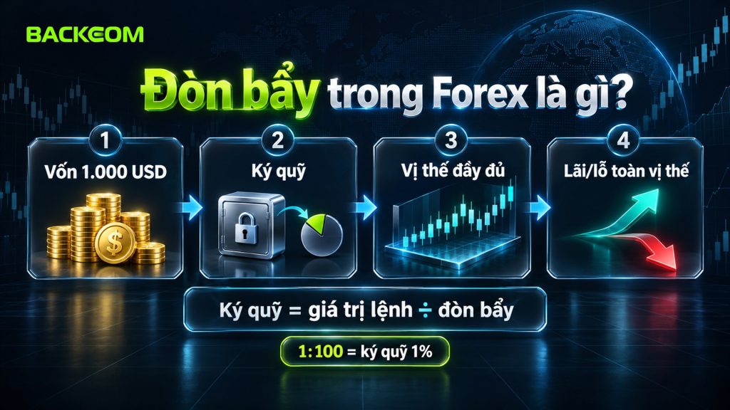 Đòn bẩy trong forex là gì: vốn 1.000 USD, ký quỹ bằng giá trị lệnh chia đòn bẩy, lãi lỗ tính trên toàn vị thế; 1:100 tương ứng ký quỹ 1%
