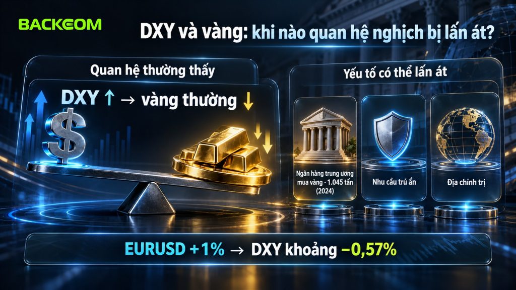 DXY và vàng thường biến động nghịch chiều nhưng có thể bị lấn át bởi ngân hàng trung ương mua vàng, nhu cầu trú ẩn và địa chính trị