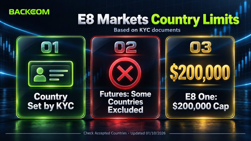 E8 Markets country limits: country set by KYC documents, Futures excluded in some countries and E8 One capped at USD 200,000 in some countries