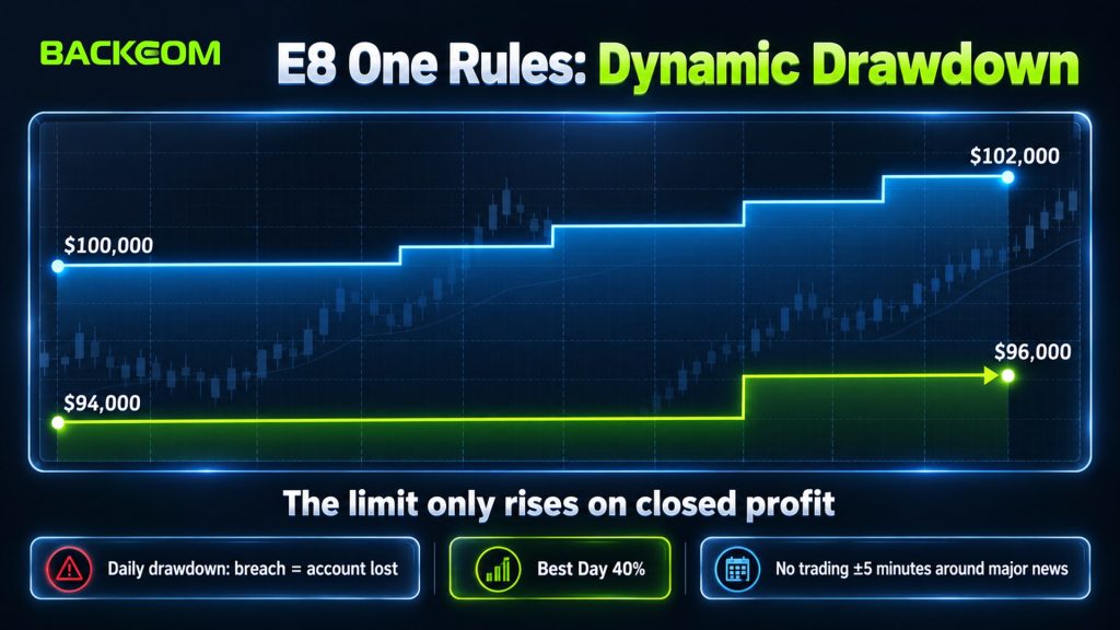 E8 One rules: the 6% dynamic drawdown limit on a USD 100,000 account rises from USD 94,000 to USD 96,000 when closed balance reaches USD 102,000