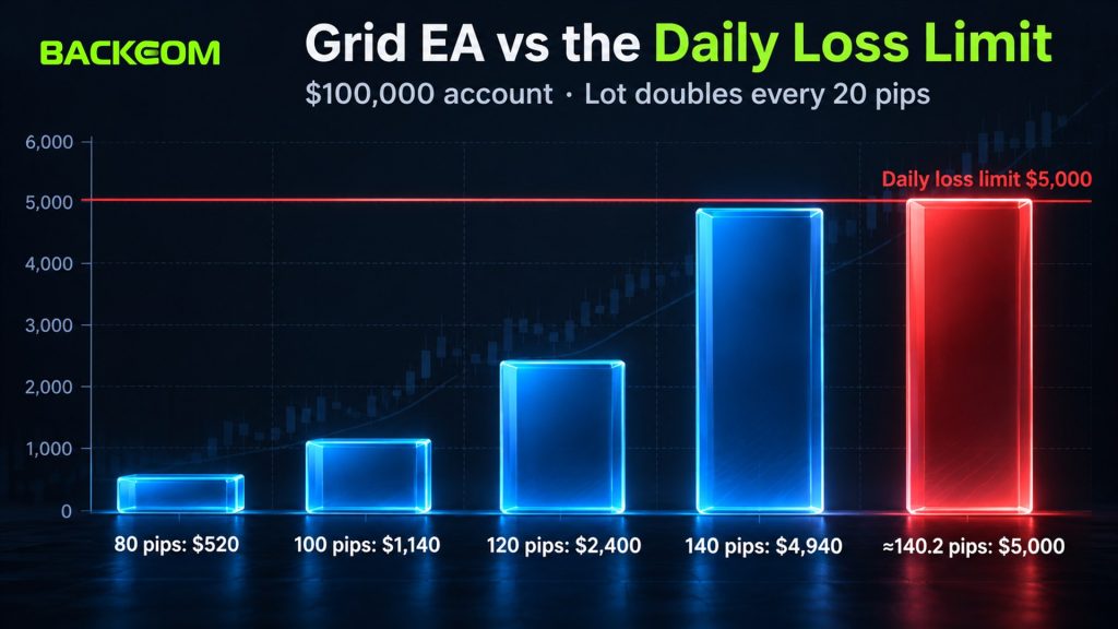 EA daily loss limit: a grid EA doubling lots on a $100,000 prop account loses $2,400 at 120 pips and hits the $5,000 daily limit at about 140 pips