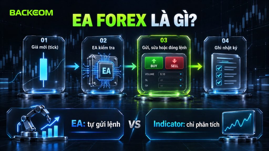 EA forex là gì: EA nhận giá mới, kiểm tra điều kiện, tự gửi, sửa hoặc đóng lệnh rồi ghi nhật ký, khác indicator chỉ phân tích