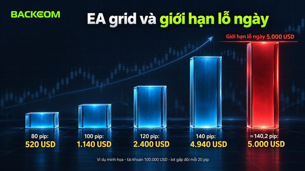 EA grid gấp đôi lot trên tài khoản quỹ 100.000 USD: lỗ thả nổi 2.400 USD ở 120 pip, chạm giới hạn lỗ ngày 5.000 USD ở khoảng 140 pip