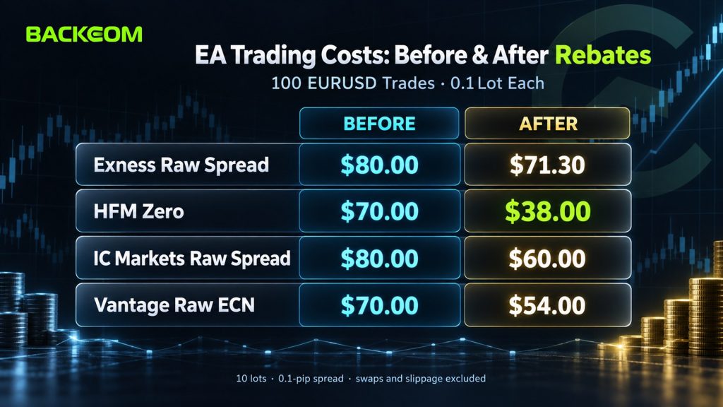 EA trading costs before and after rebates for 100 EURUSD trades of 0.1 lot: Exness Raw Spread $80 to $71.30, HFM Zero $70 to $38, IC Markets Raw $80 to $60, Vantage Raw ECN $70 to $54