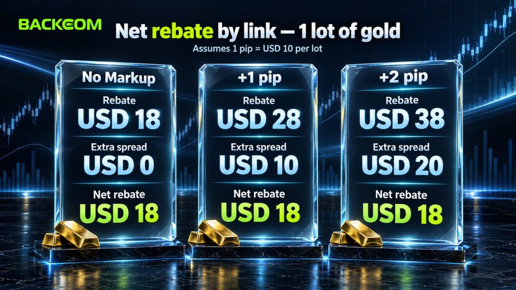EC Markets rebates by link: No Markup, +1 pip and +2 pip pay USD 18, 28 and 38 per gold lot, but extra spread leaves a net USD 18 on each