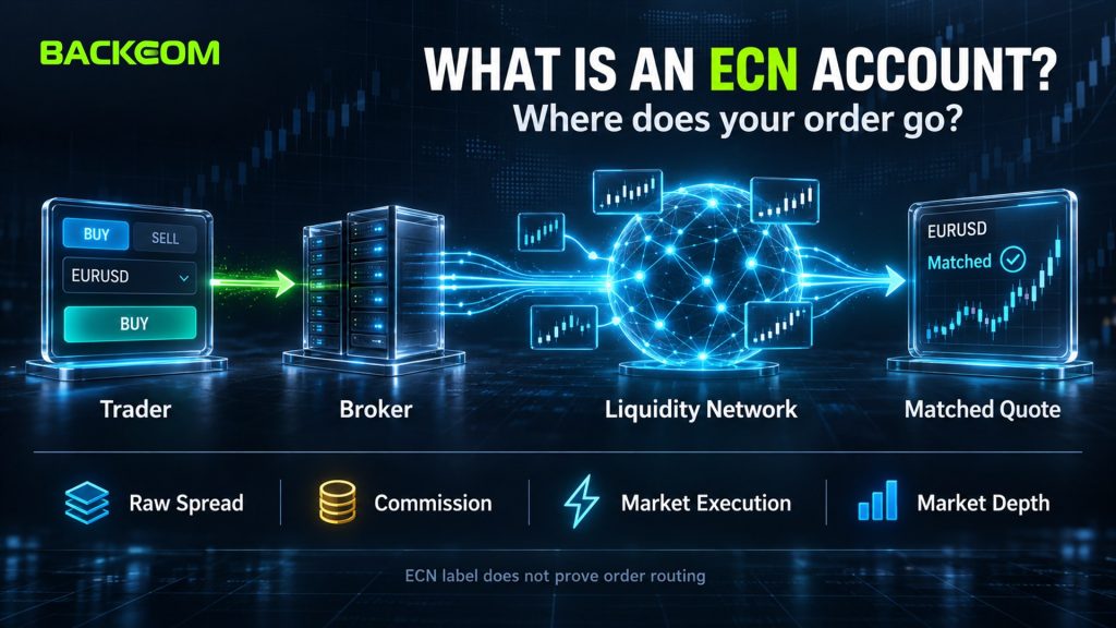 What is an ECN account: an order flows from the trader through the broker into a liquidity network and matches the best available quote