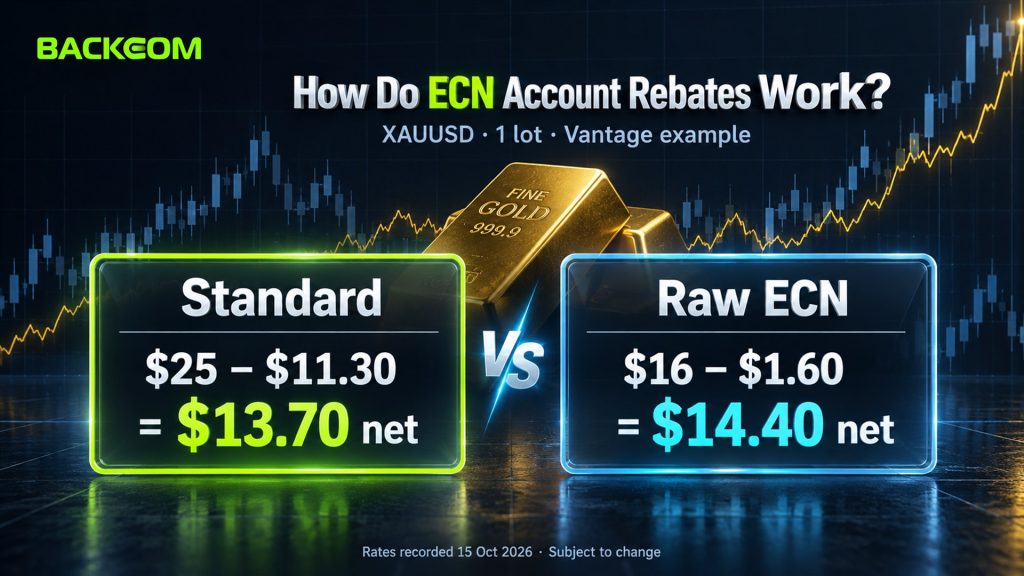 ECN account rebates on XAUUSD at Vantage: Standard $25 minus $11.30 equals $13.70 net while Raw ECN $16 minus $1.60 equals $14.40 net, recorded 15 October 2026