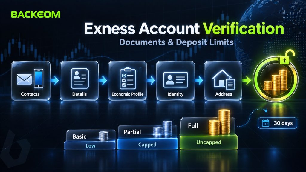 Exness account verification order: contacts, details, Economic Profile, identity and address, with basic, partial and full deposit limits and a 30-day deadline