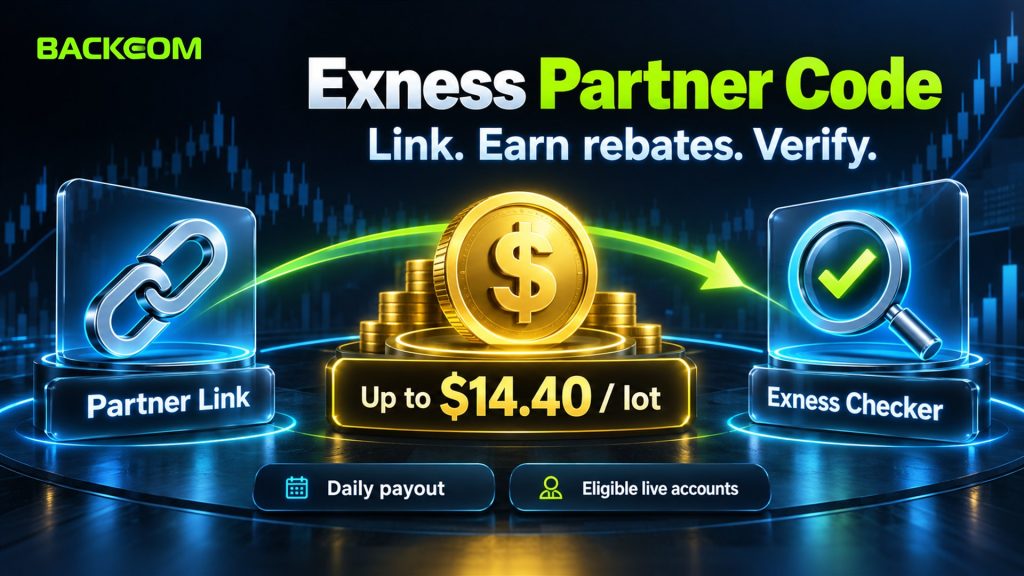 Exness partner code links your account for rebates of up to $14.40 per lot paid daily on eligible live accounts, verified with Exness Checker