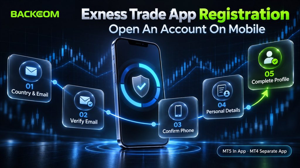 Exness Trade app registration on mobile: country and email, verify email, confirm phone, personal details, complete profile; MT5 in the app and MT4 in a separate app